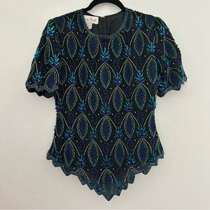 Vintage Silk Beaded Sequin Blouse Laurence Kazar SZ Petite Small Formal Holiday